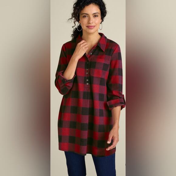 Soft Surroundings Mad About Plaid Rio Red Buffalo Check Comfy Roll-Tab Tunic XS - Picture 1 of 15